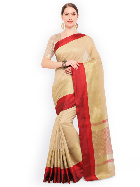 

Satrani Beige & Red Poly Silk Woven Design Chanderi Saree
