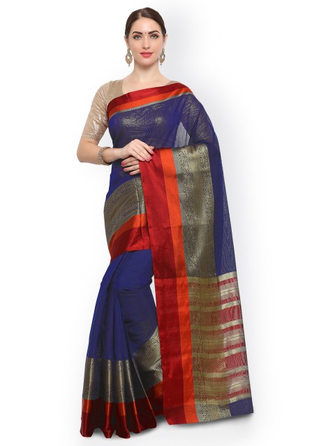 

Satrani Navy Blue & Red Poly Silk Solid Chanderi Saree