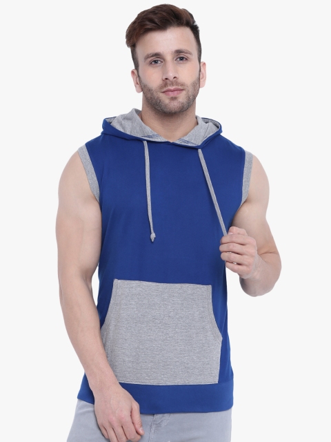 

GRITSTONES Men Blue & Grey Melange Colourblocked Hood T-shirt