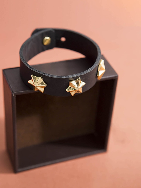 

Dare by Voylla Black Leather Gold-Plated Handcrafted Wraparound Bracelet