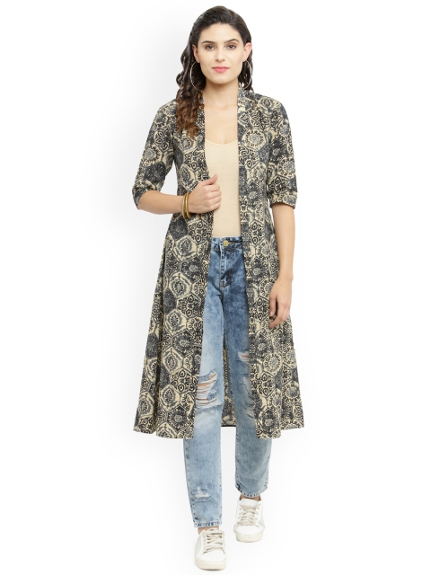 

Indibelle Black & Beige Printed Open Front Shrug