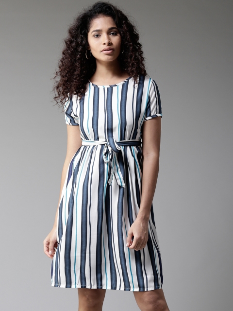 

Moda Rapido Women Off-White & Navy Blue Striped A-Line Dress