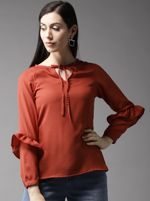 

Moda Rapido Women Rust Red Solid Ruffled Top