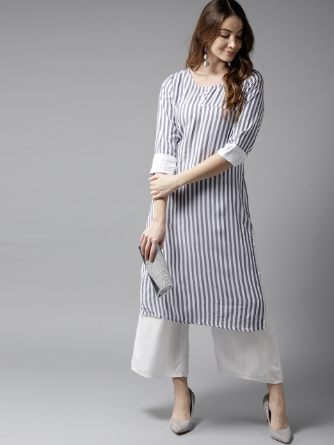 

Moda Rapido Women White & Navy Striped Straight Kurta