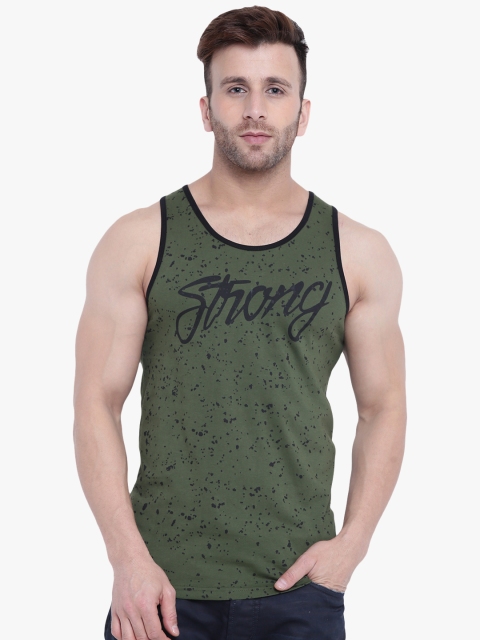 

GRITSTONES Olive Green & Black Printed Innerwear Vest