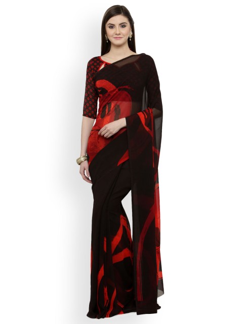 

Shaily Black & Red Pure Georgette Printed Saree