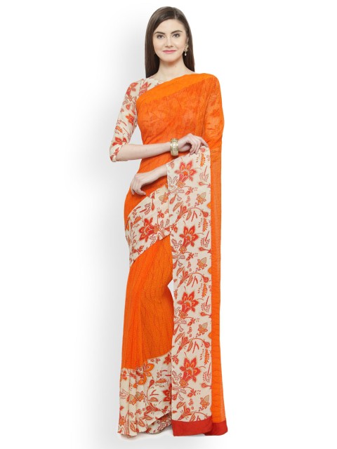 

Shaily Orange & Off-White Satin Printed Saree