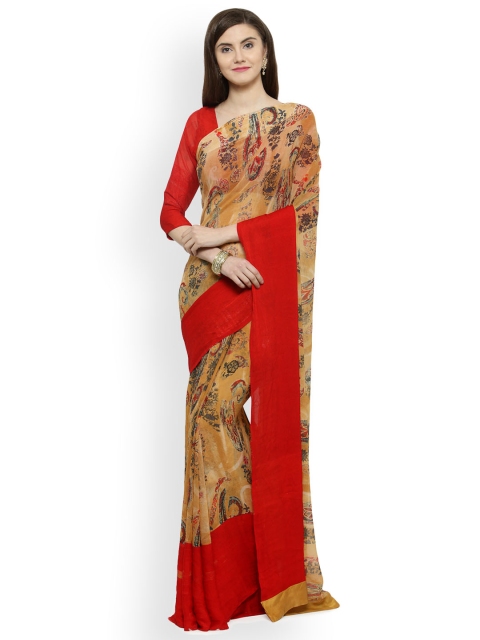 

Shaily Brown & Red Satin Printed Saree