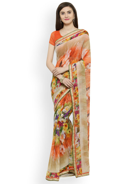 

Shaily Brown & Orange Satin Printed Saree
