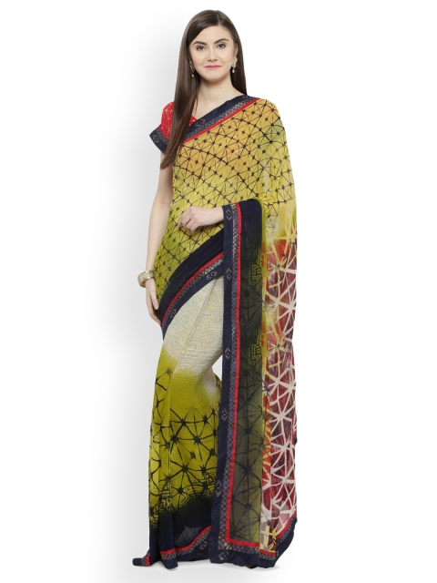 

Shaily Green & Yellow Satin Printed Saree