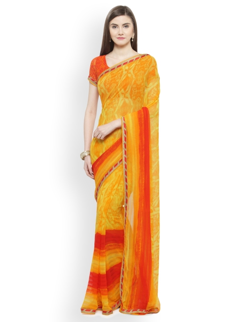 

Shaily Yellow & Orange Satin Printed Saree