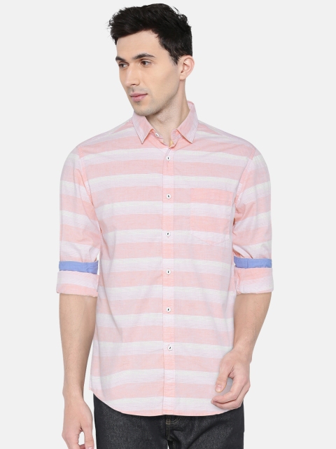 

LOCOMOTIVE Men Pink & White Slim Fit Striped Casual Shirt