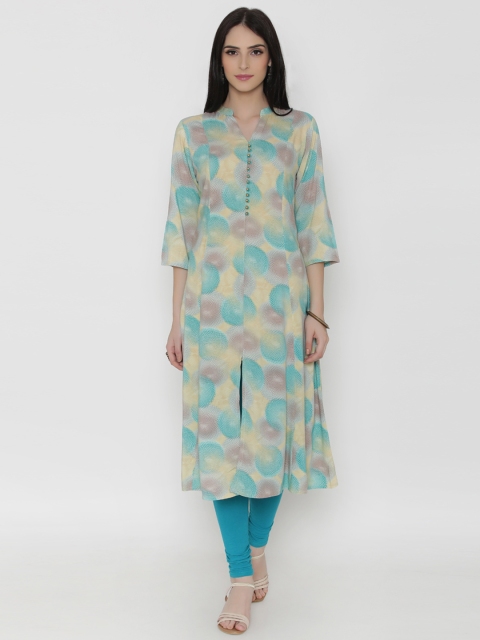 

Shree Women Beige & Teal Green Rayon Printed A-Line Kurta