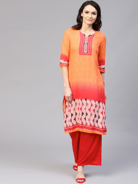 

Shree Women Orange & Red Rayon Printed Straight Kurta