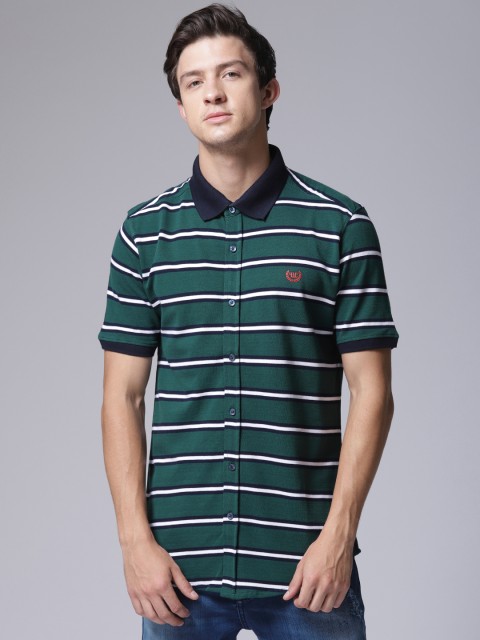 

YWC Men Green Striped Polo Collar T-shirt