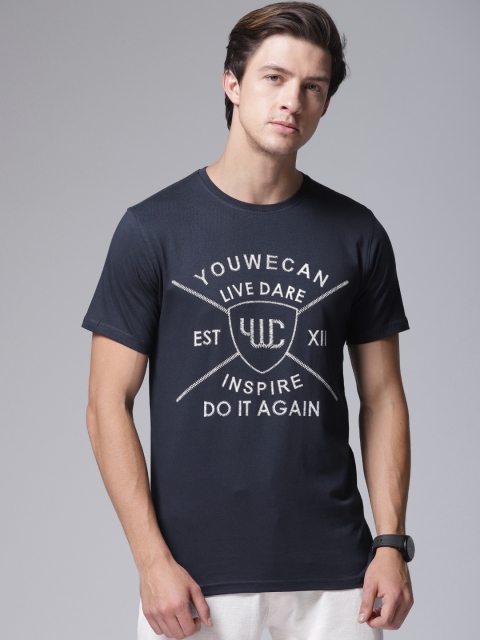 

YWC Men Navy Blue Printed Round Neck T-shirt