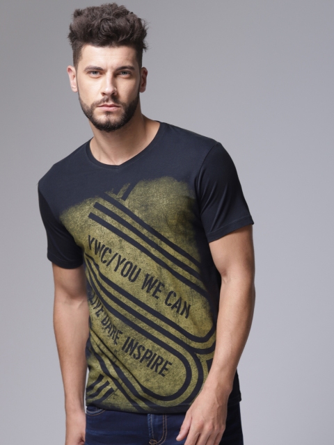 

YWC Men Navy Blue Printed Round Neck T-shirt