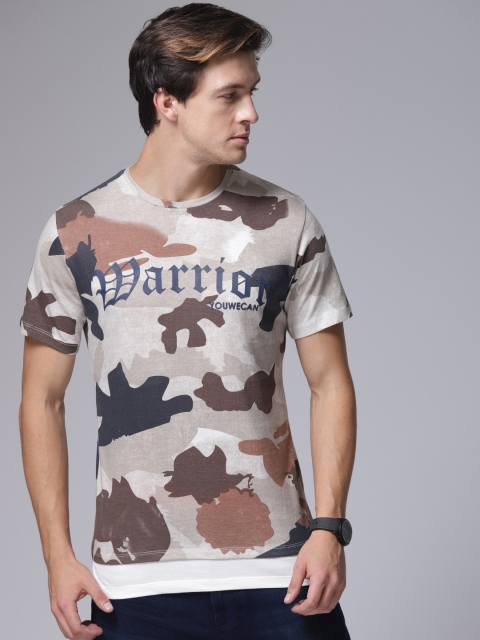 

YWC Men Khaki Printed Round Neck T-shirt