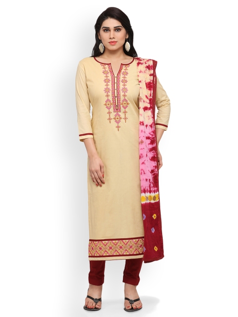 

Kvsfab Beige & Red Cotton Blend Unstitched Dress Material