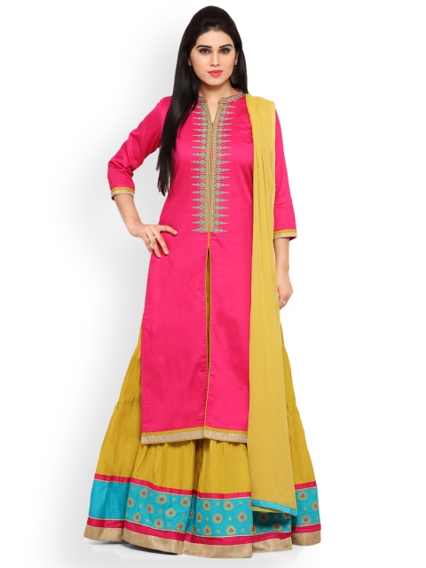 

Kvsfab Pink & Mustard Silk Blend Semi-Stitched Dress Material