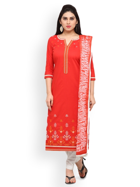 

Kvsfab Orange & White Cotton Blend Unstitched Dress Material