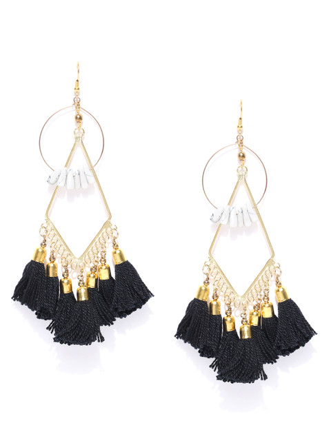 

Infuzze Black & Gold-Toned Tasselled Geometric Beaded Drop Earrings