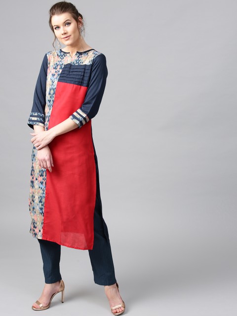 

AKS Women Red & Navy Printed Straight Kurta