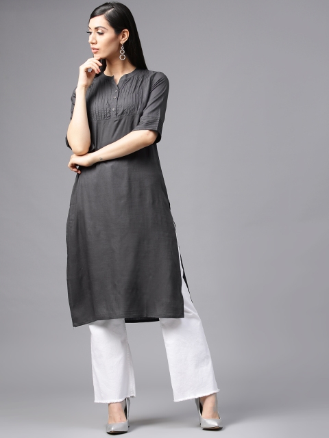 

AKS Women Grey Solid Straight Kurta