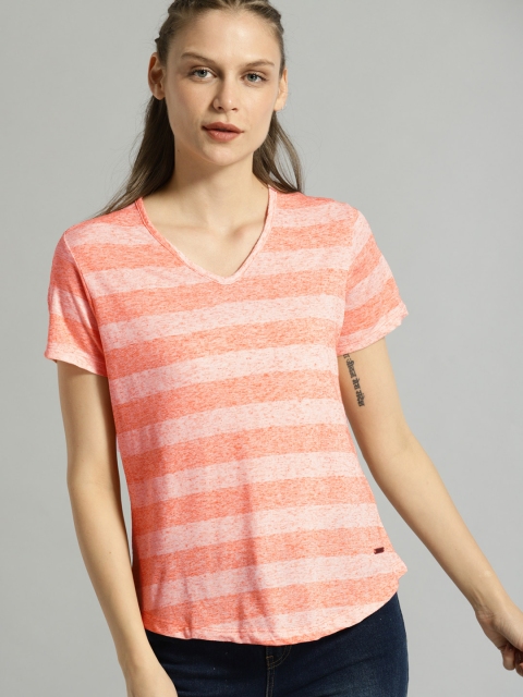 

Roadster Women Coral Pink & White Striped V-Neck T-shirt