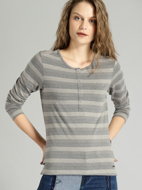 

Roadster Women Grey Striped Round Neck T-shirt