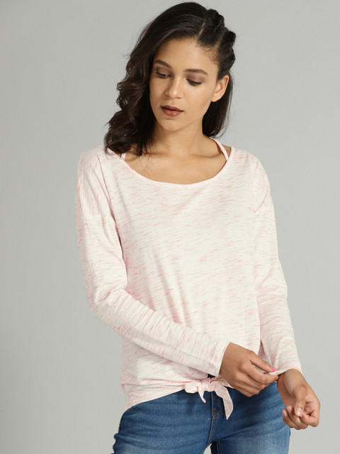 

Roadster Women Coral Pink & White Self Design Top