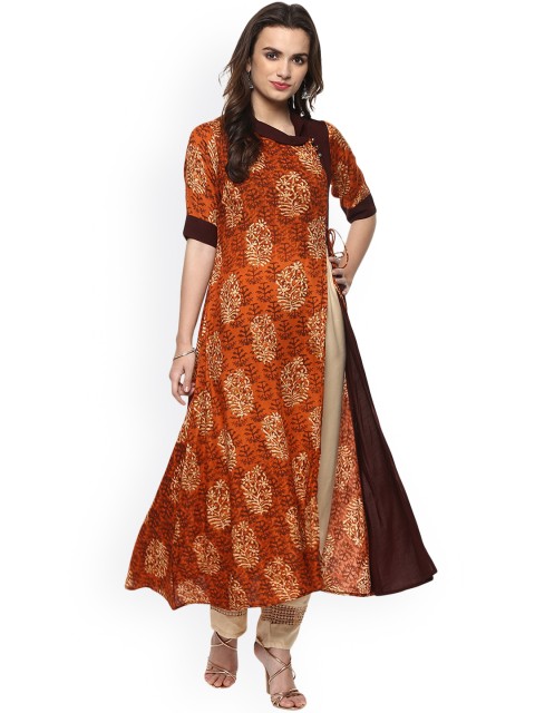 

Ives Women Brown & Orange Printed A-Line Kurta