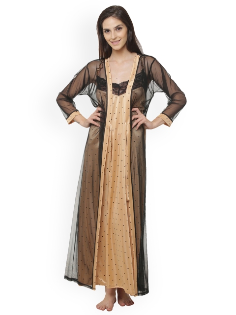 

Clovia Pack Of 2 Green & Beige Printed Nightdress With Robe SN0875P24