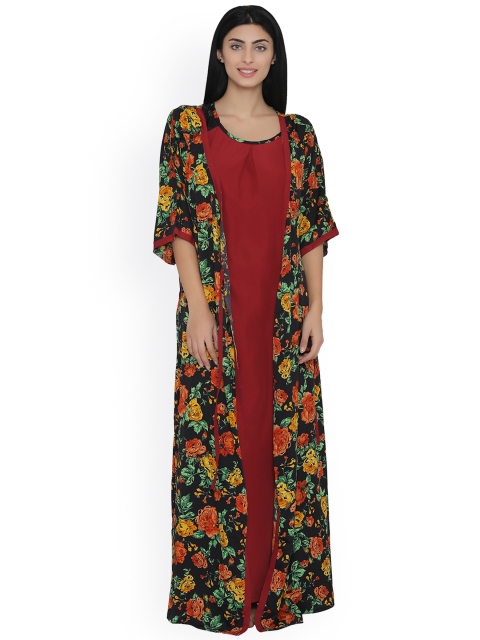 

Clovia Pack Of 2 Maroon Printed Nightdress With Robe SN0925P09
