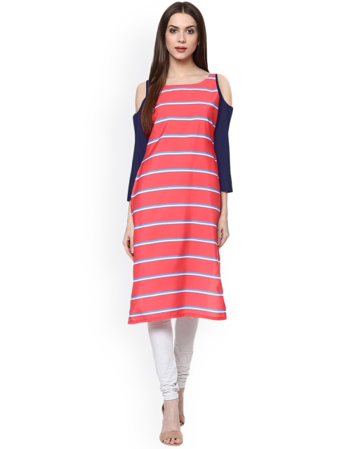 

ZIYAA Women Coral & Navy Blue Striped Straight Kurta