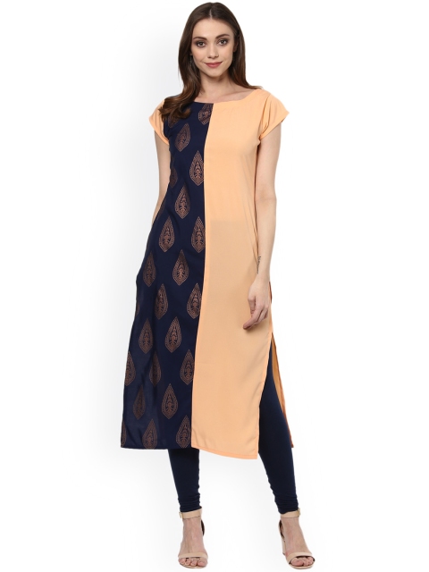 

ZIYAA Women Blue & Copper Printed Straight Kurta