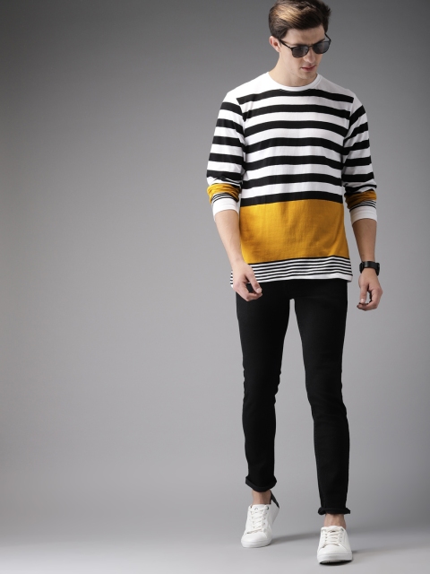 

HERE&NOW Men White & Mustard Yellow Striped Round Neck T-shirt