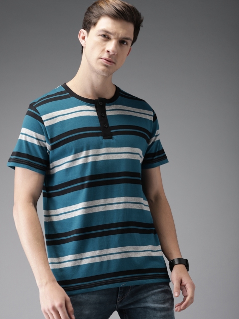 

HERE&NOW Men Teal Blue & Black Striped Henley Neck T-shirt