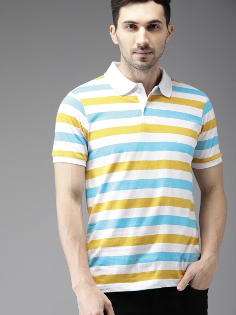 

HERENOW Men White Blue Striped Polo Collar Pure Cotton T-shirt