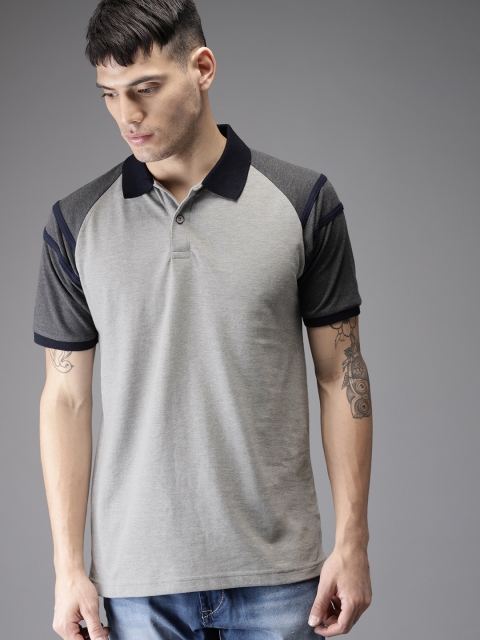 

HERE&NOW Men Grey Melange Solid Polo Collar T-shirt