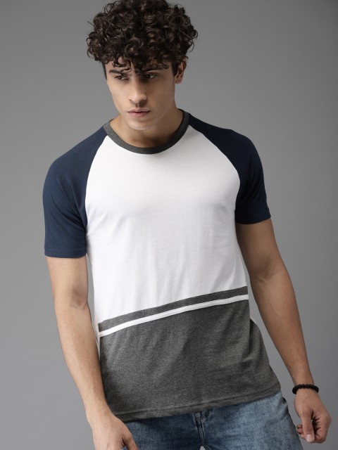 

HERE&NOW Men White & Grey Melange Colourblocked Round Neck T-shirt