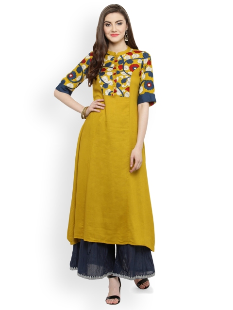 

Geroo Jaipur Yellow & Blue Kalamkari Hand Block Printed Rayon Kurta