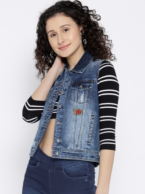

Xpose Women Blue Washed Sleeveless Denim Jacket