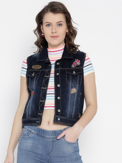 

Xpose Women Navy Washed Sleeveless Denim Jacket, Navy blue