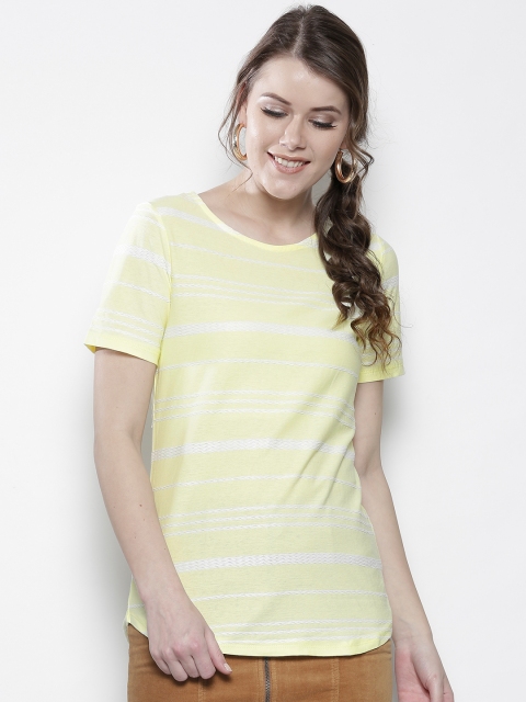 

DOROTHY PERKINS Women Yellow Self-Striped Round Neck T-shirt