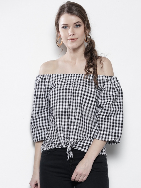 

DOROTHY PERKINS Women Petite Black & White Off-Shoulder Checked Bardot Top