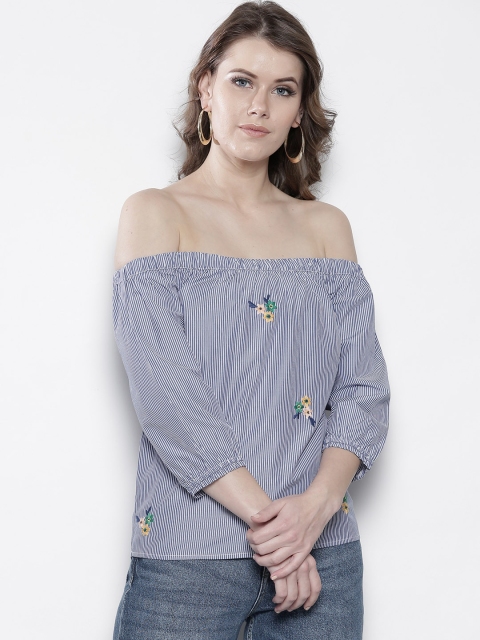 

DOROTHY PERKINS Women Petite Blue & White Striped Bardot Top