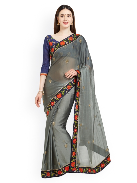 

Indian Women Grey Embellished Pure Chiffon Saree