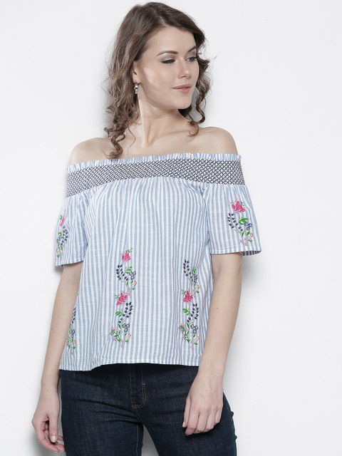 

DOROTHY PERKINS Women Blue & White Striped Bardot Top
