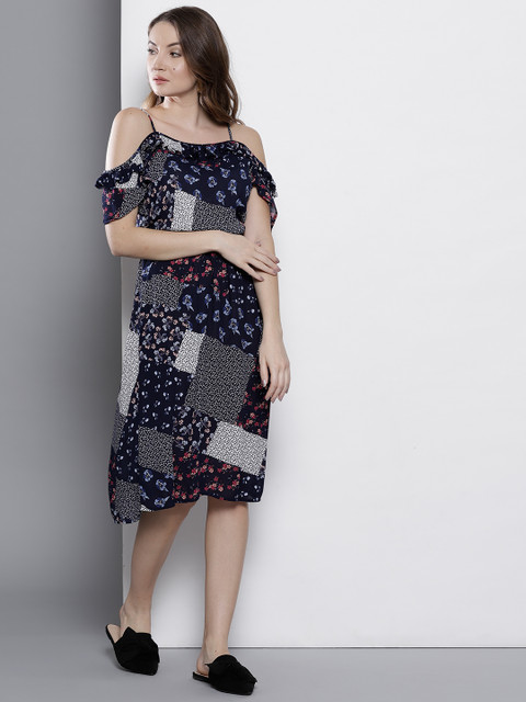 

DOROTHY PERKINS Women Navy Blue Printed Midi Fit &Flare Dress